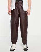 Asos Design Oversized Tapered Smart Pants With Double Belt In Burgundy Leather-look
