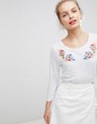 Nocozo Top In Yarn Dye Stripe With Floral Embroidery - Gray