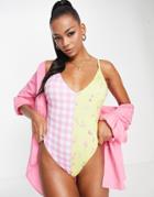Asos Design Spliced Swimsuit In Mixed Floral And Gingham Print-multi