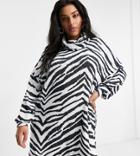 Asos Design Curve Super Soft Long Sleeve Roll Neck Mini Dress In Zebra Print-white