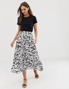 Asos Design Pleated Midi Skirt In Mono Abstract Print - Multi