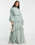 Asos Design High Neck Plisse Maxi Dress With Tiered Skirt In Blue-green