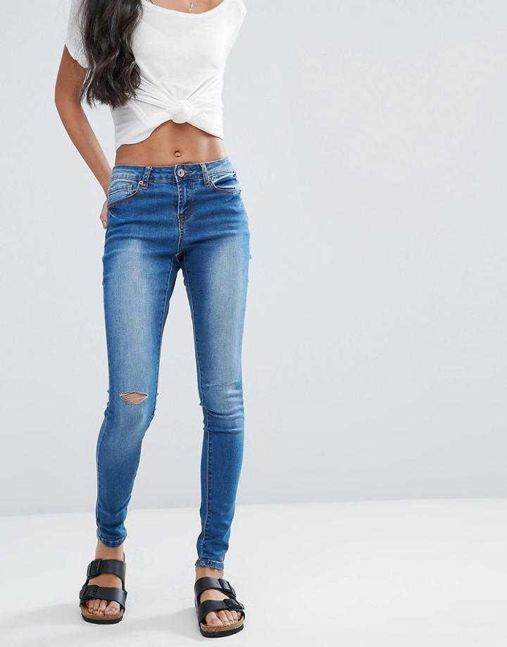 Brave Soul Anna Skinny Jeans With Knee Rips - Blue