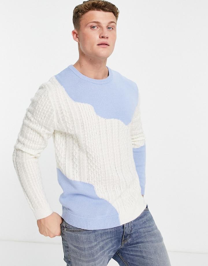 Asos Design Textured Sweater With Split Cable Front In Blue And Cream-multi