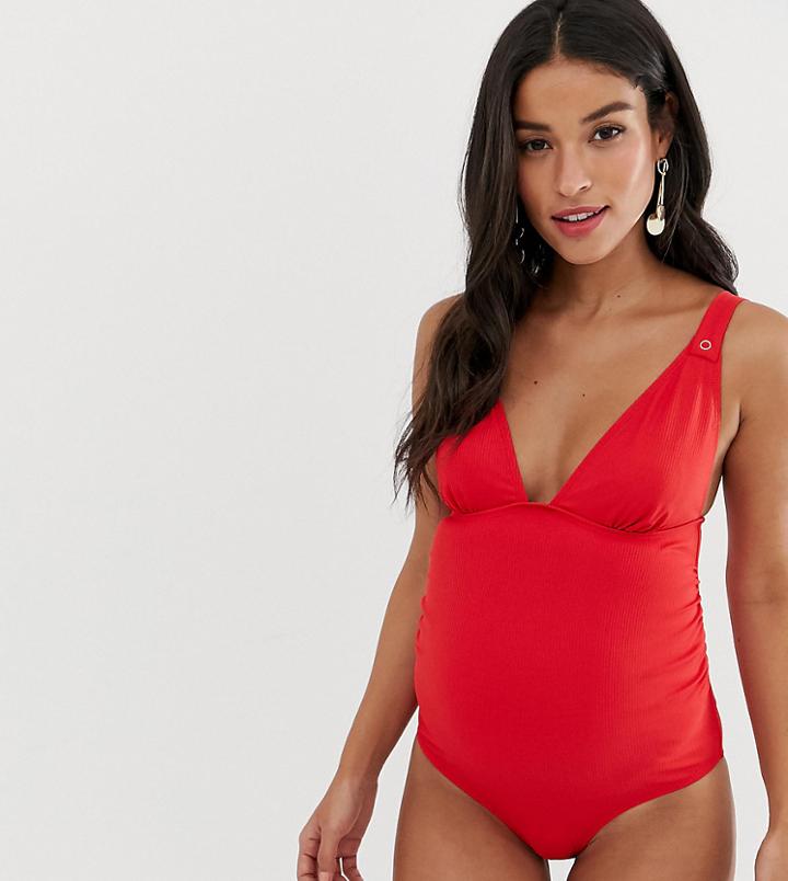 Asos Design Maternity Rib Popper Fastening Detail Swimsuit In Red - Red