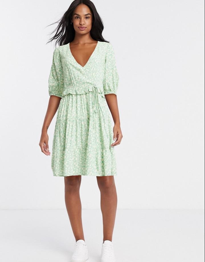Stradivarius Mini Dress With Puff Sleeves In Green Floral Print