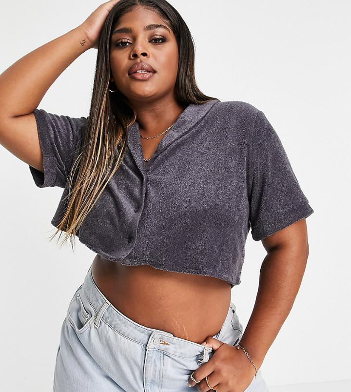 Flounce London Plus Terrycloth Cropped Shirt In Slate Gray - Part Of A Set-grey