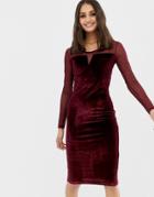 Qed London Velvet Bodycon Dress With Mesh Panels - Red