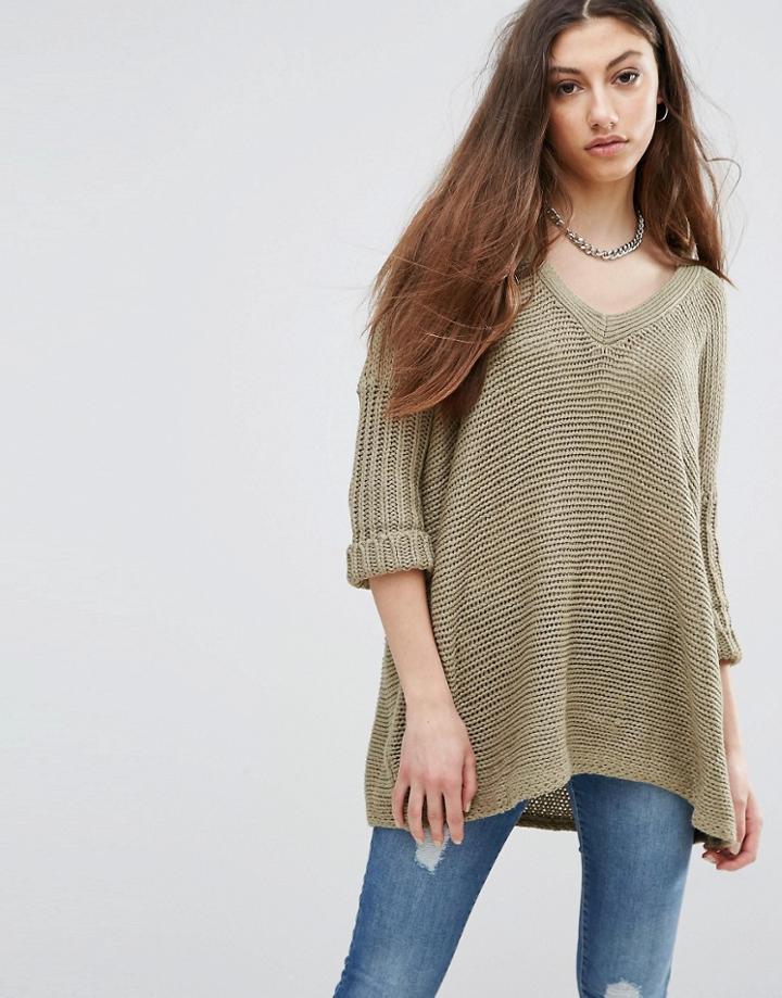 Noisy May Vera V Neck Knit Sweater - Green