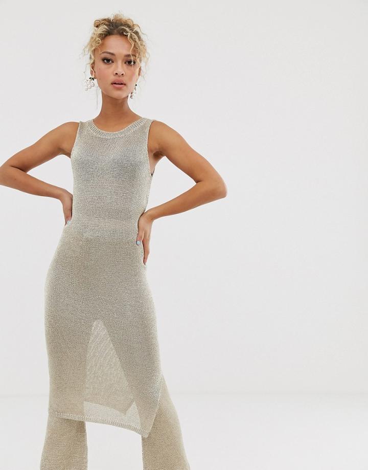 Never Fully Dressed Metallic Knitted Tunic Midi Dress Two-piece In Light Gold - Gold