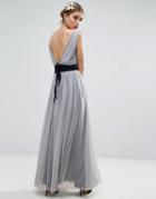 Asos Wedding Mesh Maxi Dress With Navy Ribbon Strapping Detail - Blue