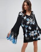 Asos Premium Embroidered Long Sleeve Dress With Fringe Sleeves - Multi
