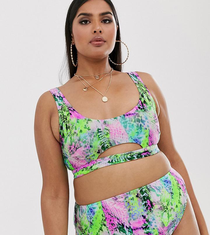 Asos Design Curve High Leg High Waist Bikini Bottom In Turquoise Flash Neon Snake Print - Multi