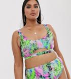 Asos Design Curve High Leg High Waist Bikini Bottom In Turquoise Flash Neon Snake Print - Multi