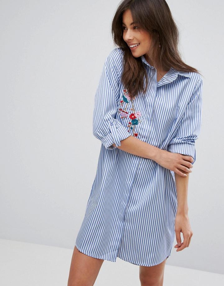 Parisian Floral Embroidered Shirt Dress - Blue