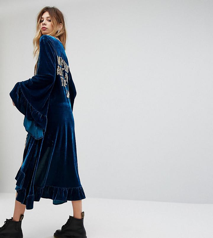 Sacred Hawk Velvet Maxi Kimono With Sequin Back Text - Green