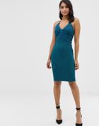 Lipsy Floral Applique High Neck Bodycon Dress In Teal-green