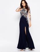 Forever Unique Sapphire Maxi Dress With Embellished Mesh Sleeves - Navy