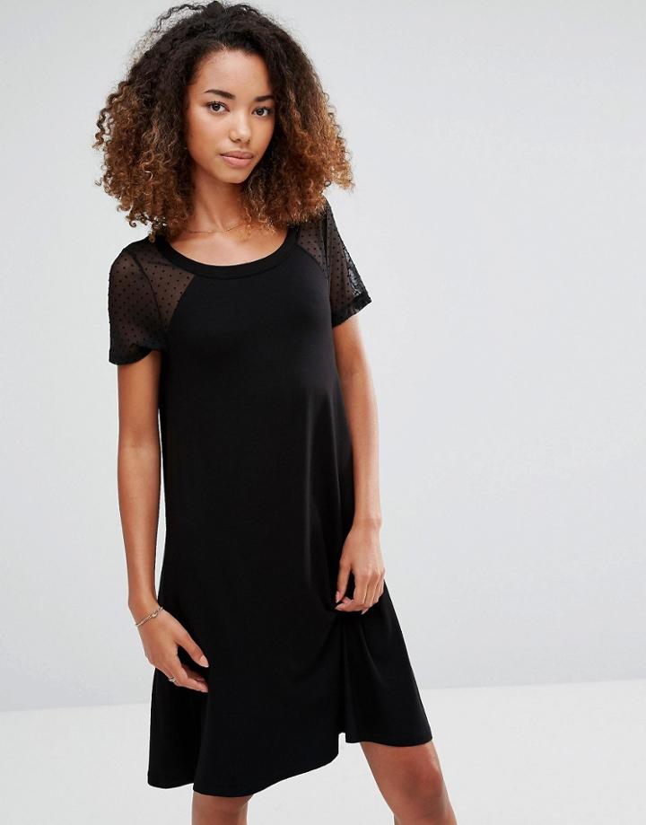 Vero Moda Swing Dress With Mesh Polka Dot Sleeves - Black