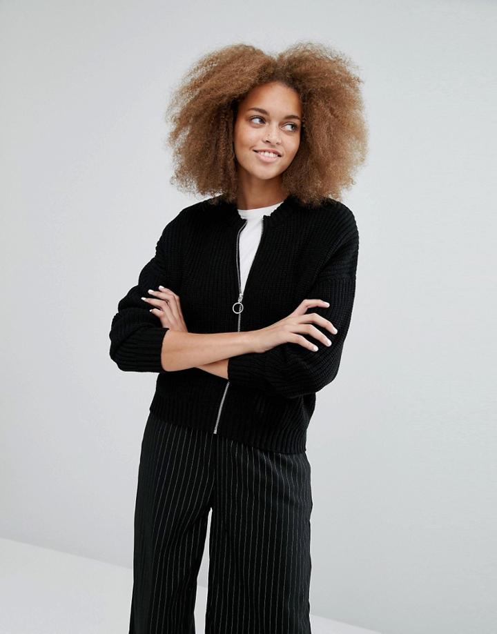 Monki Knitted Rib Bomber - Black