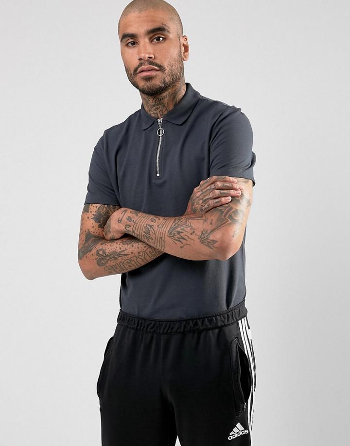 Asos Pique Polo With Zip Neck In Gray - Gray