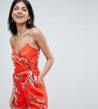 Parisian Tall Cami Floral Print Romper With Tie Waist - Red
