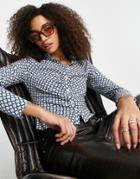Bershka Ruched Front Shirt In Blue Geo Print