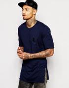 Religion Longline T-shirt With Badge & Side Split - Navy