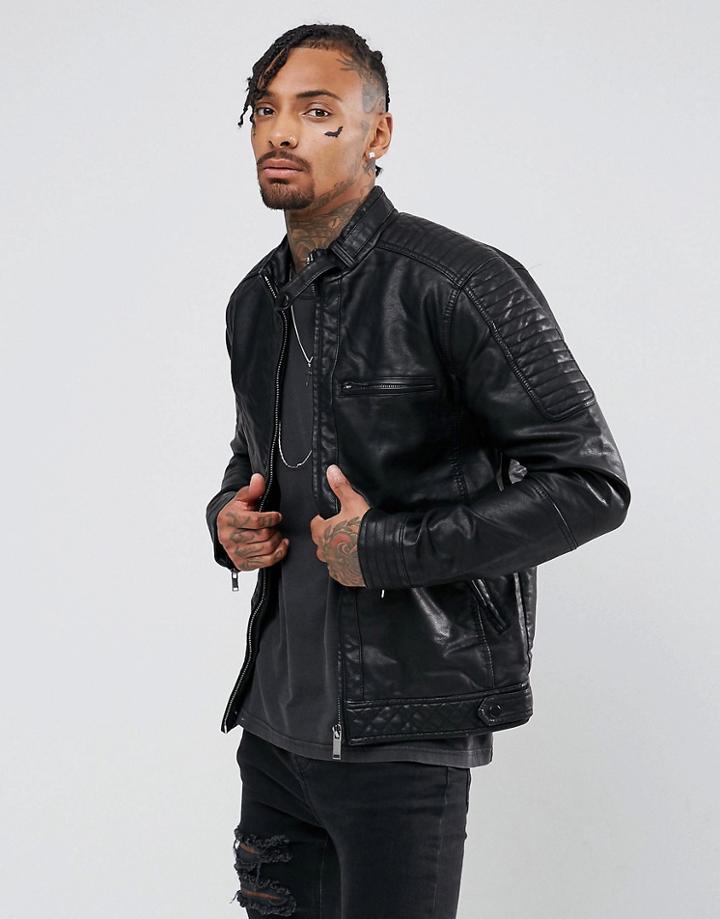 River Island Biker Jacket With Racer Neckline In Faux Leather Black - Black