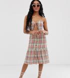 Boohoo Petite Midi Dress With Tie Detail In Pink Check - Multi