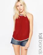 Influence Tall Cheesecloth Top With Pom Pom Hem - Chilli Red