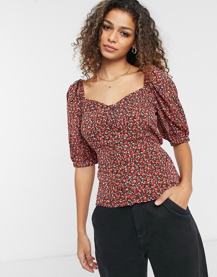 Brave Soul Poppy Puff Sleeve Pephem Blouse In Ditsy Floral Print-multi