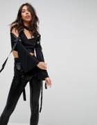 Asos Top In Crepe With Caging Eyelet Wide Sleeve Detail - Black