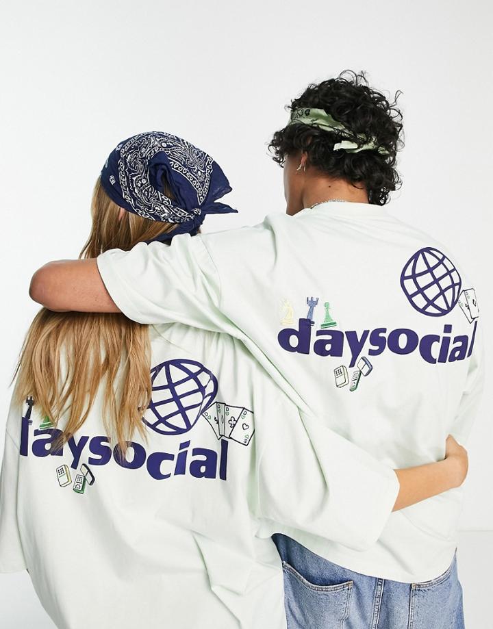 Asos Daysocial Unisex Oversized T-shirt With Doodle Embroideries And Logo Print In Light Green