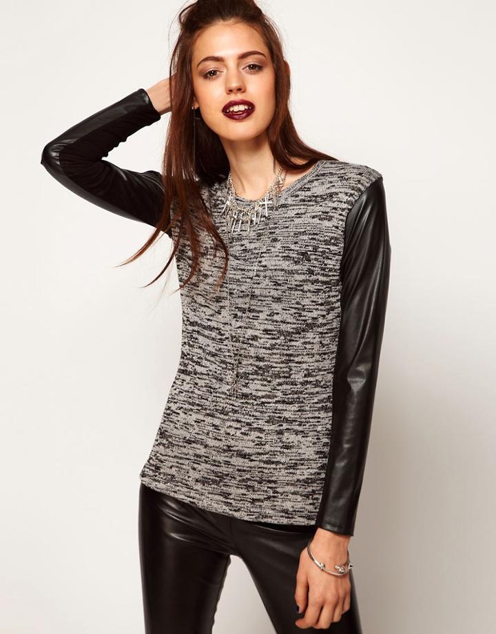 Asos Top In Knit With Leather Look Sleeves - Gray