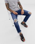 Asos Design Stretch Slim Jeans In Dark Wash Blue With Knee Rips