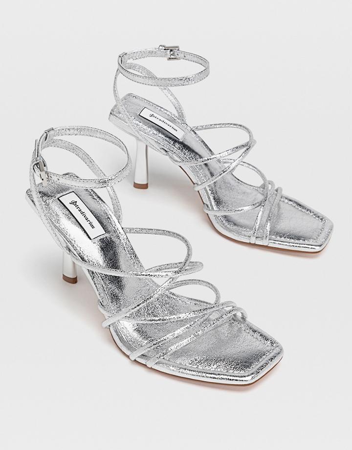 Stradivarius Strappy Heeled Sandal With Squared Toe In Silver