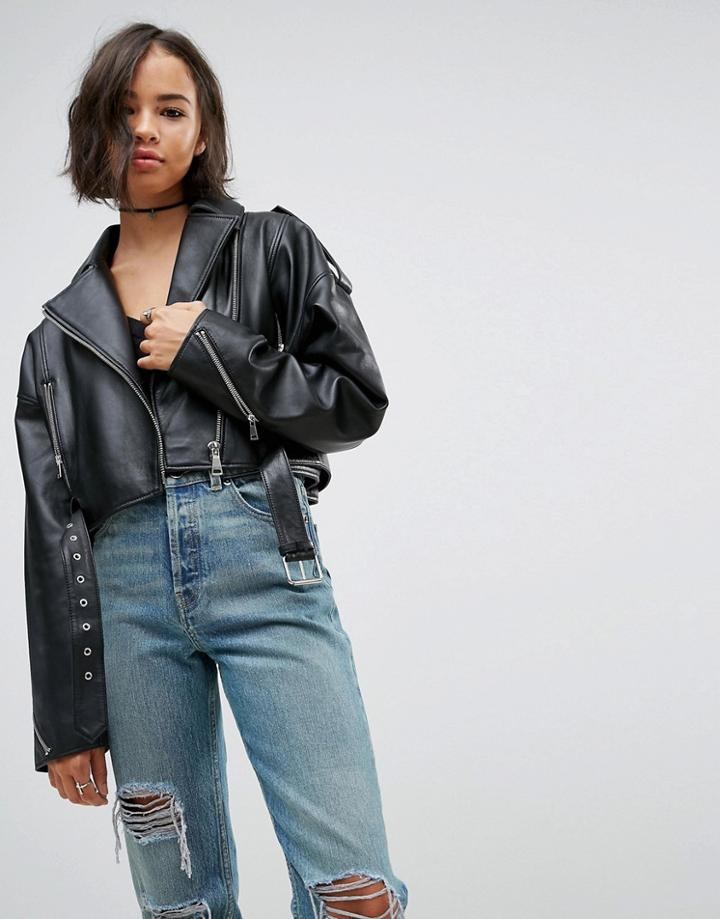 Asos Oversized Leather Jacket With Zip Detail - Black