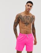 Asos Design Swim Shorts In Neon Pink In Mid Length - Pink