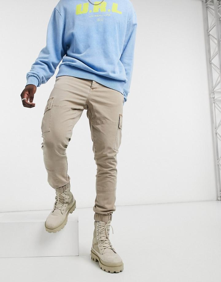 Asos Design Tapered Washed Cargo Pants In Stone-neutral
