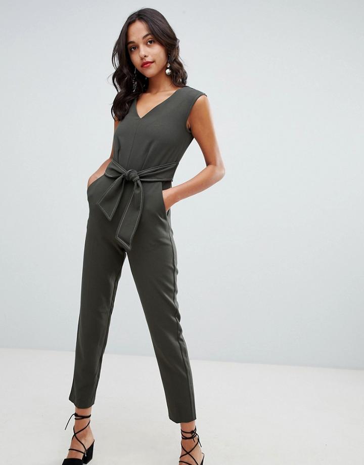Closet London Tailored Jumpsuit With Tie Waist - Green