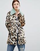 Urbancode Faux Fur Leopard Print Coat With Faux Fur Collar - Brown
