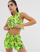 Asos Design Neon Snake Print Jersey Beach Crop Top With Wrap Back Two-piece-multi