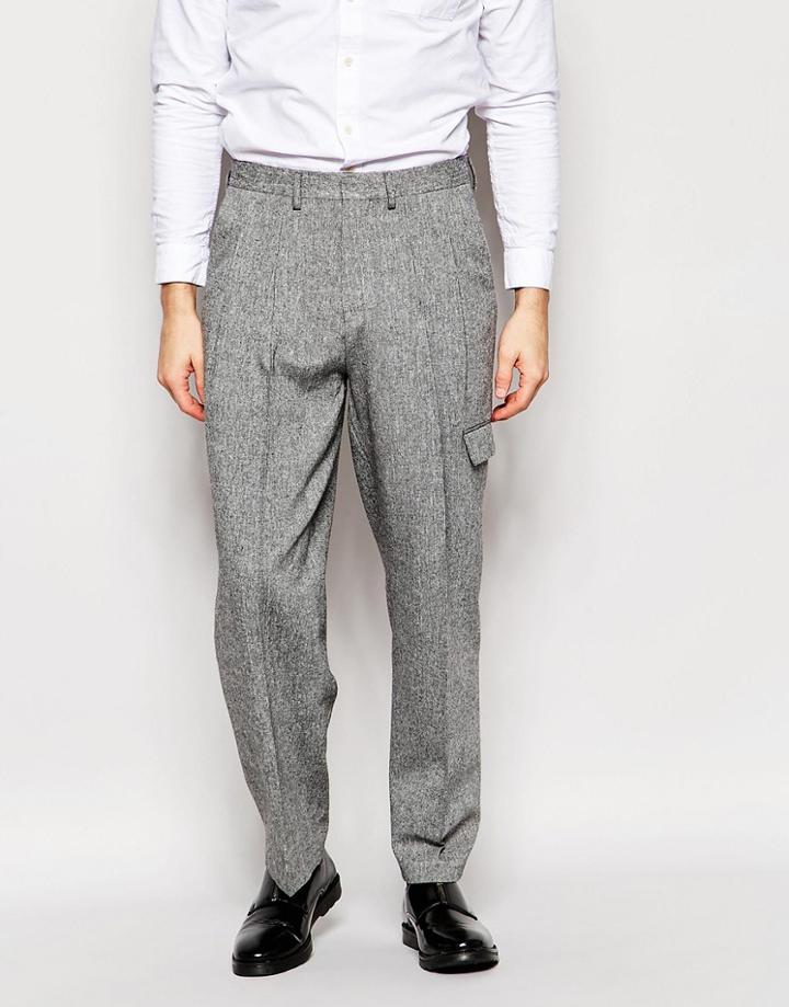 Asos Wide Leg Smart Trousers In Tweed With Pocket In Grey - Gray