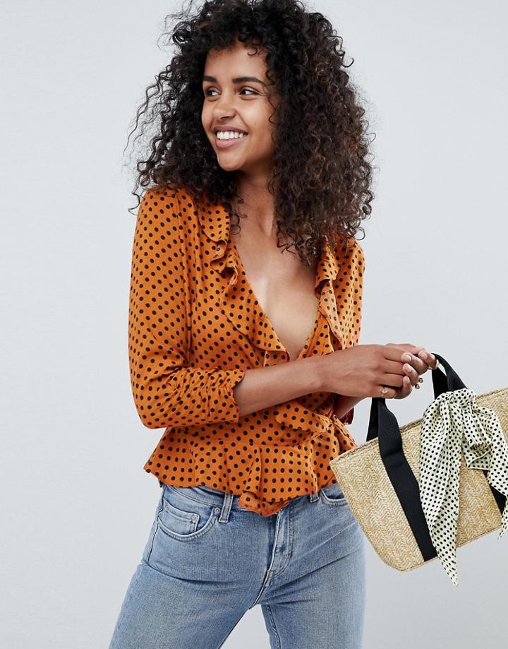 Miss Selfridge Blouse With Ruffle Front In Rust Polka - Multi