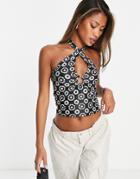 Only Halterneck Ring Detail Top In Black 70s Floral-multi
