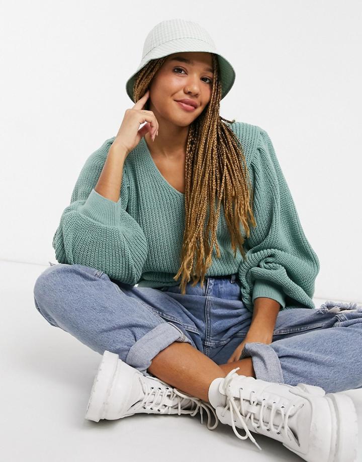 Asos Design V-neck Sweater With Shoulder Pads In Light Green