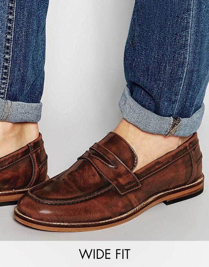 Asos Wide Fit Loafers In Tan Leather - Tan