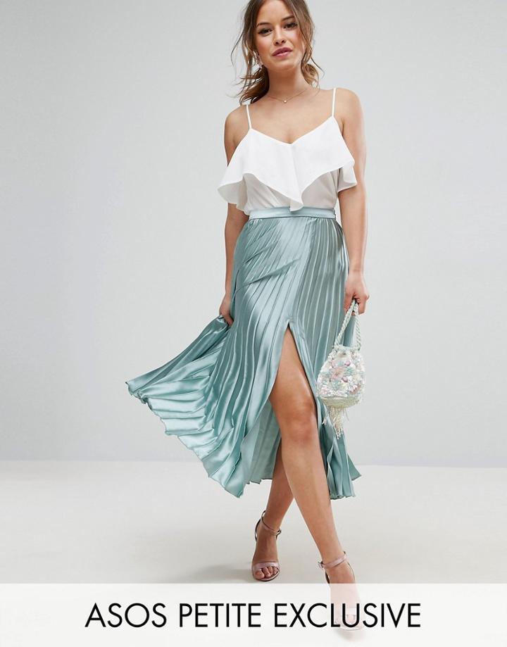 Asos Petite Satin Pleated Midi Skirt With Splice - Green