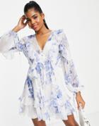 Asos Design Ruffle Mini Dress With Button Front And Lace Detail In Floral Print-multi